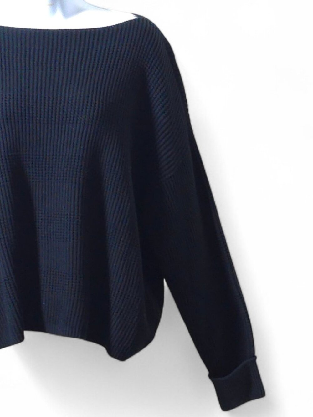 Waffle Textured Knit Sweater NWT Med Black 100% Cotton Boxy Cropped Minimalist - Picture 5 of 16